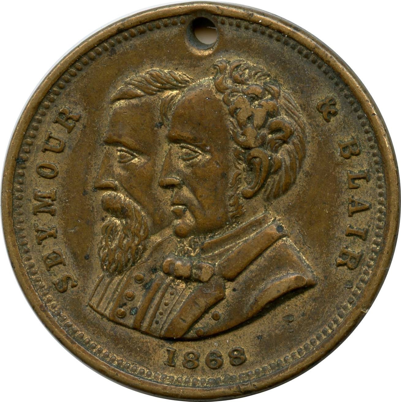 1868 Seymour & Blair Jugate Presidential Campaign Token Medal Lost to Grant
