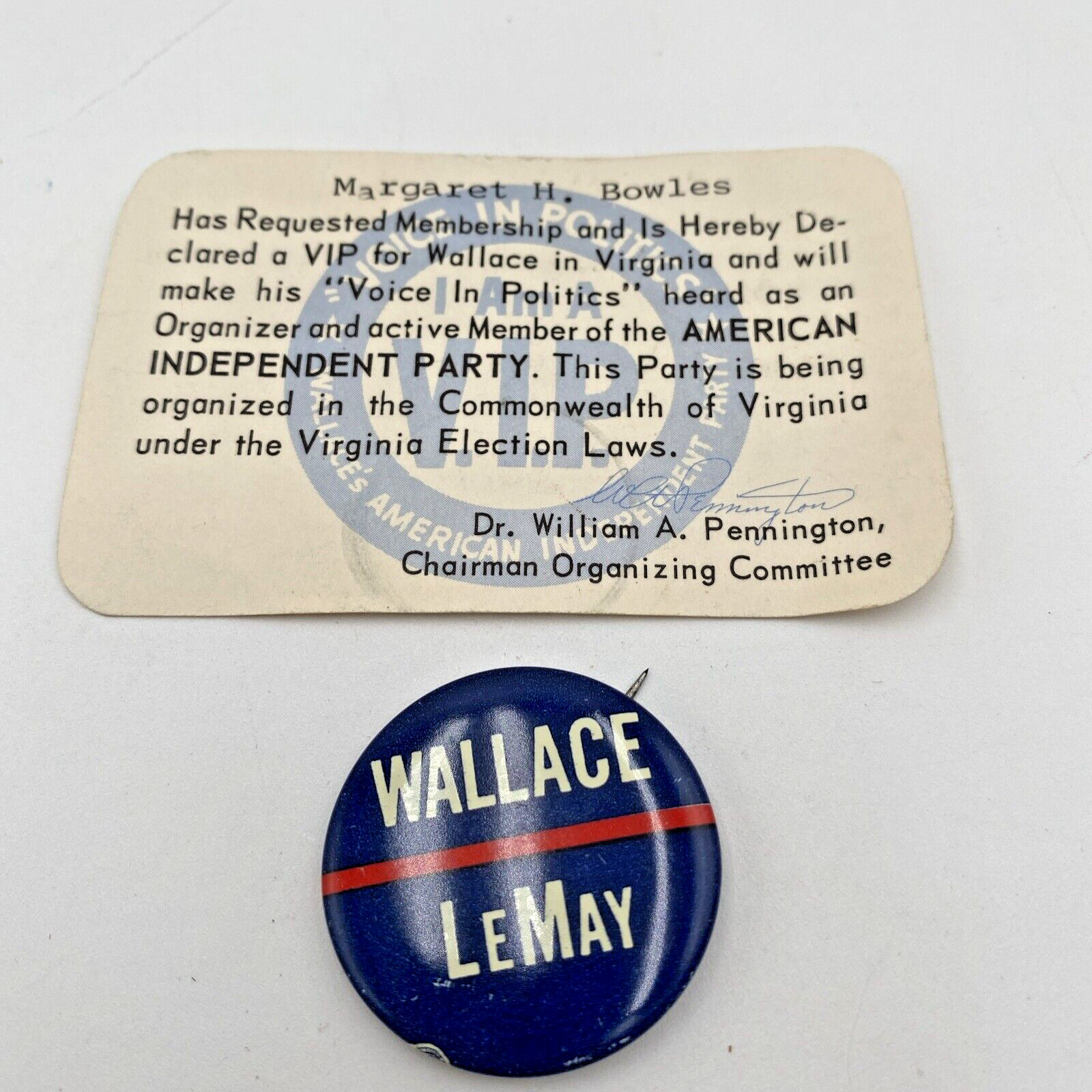 Wallace 1968 Presidential Campaign Pin VIP Virginia Membership Independent Party