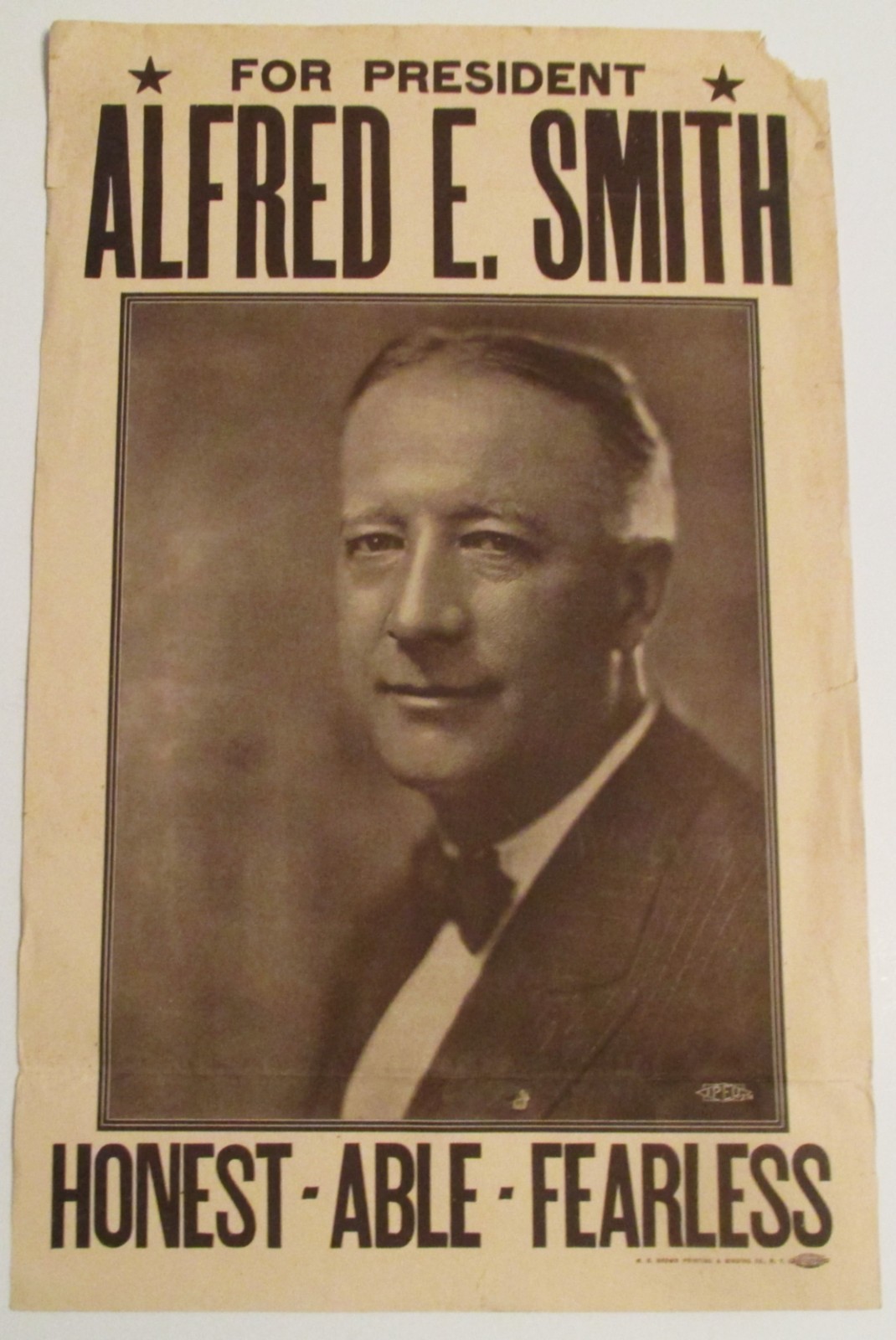 Original 1928 For President Alfred E. Smith Poster Honest Able Fearless