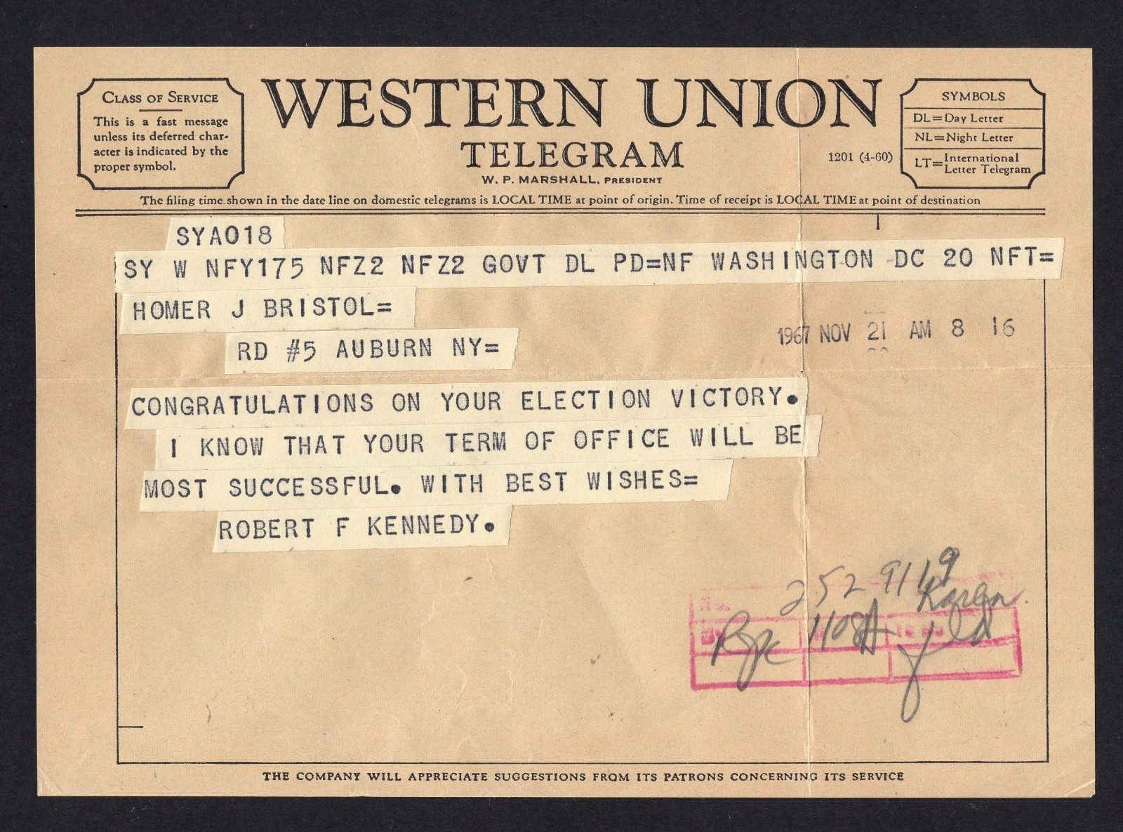 1967 ROBERT F KENNEDY TELEGRAM CONGRATULATING LOCAL ELECTION VICTORY