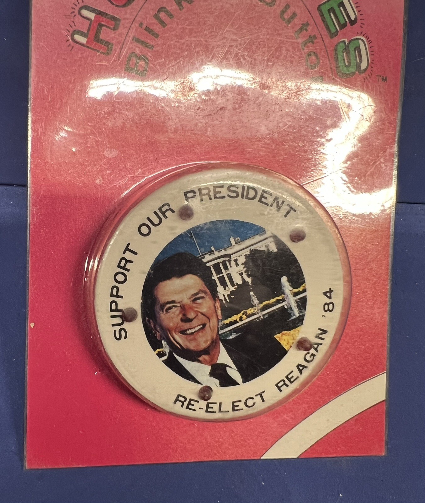 Vtg NOS Political Musical & Blinker Button “RE-ELECT REAGAN 84” PIN BACK VP Bush