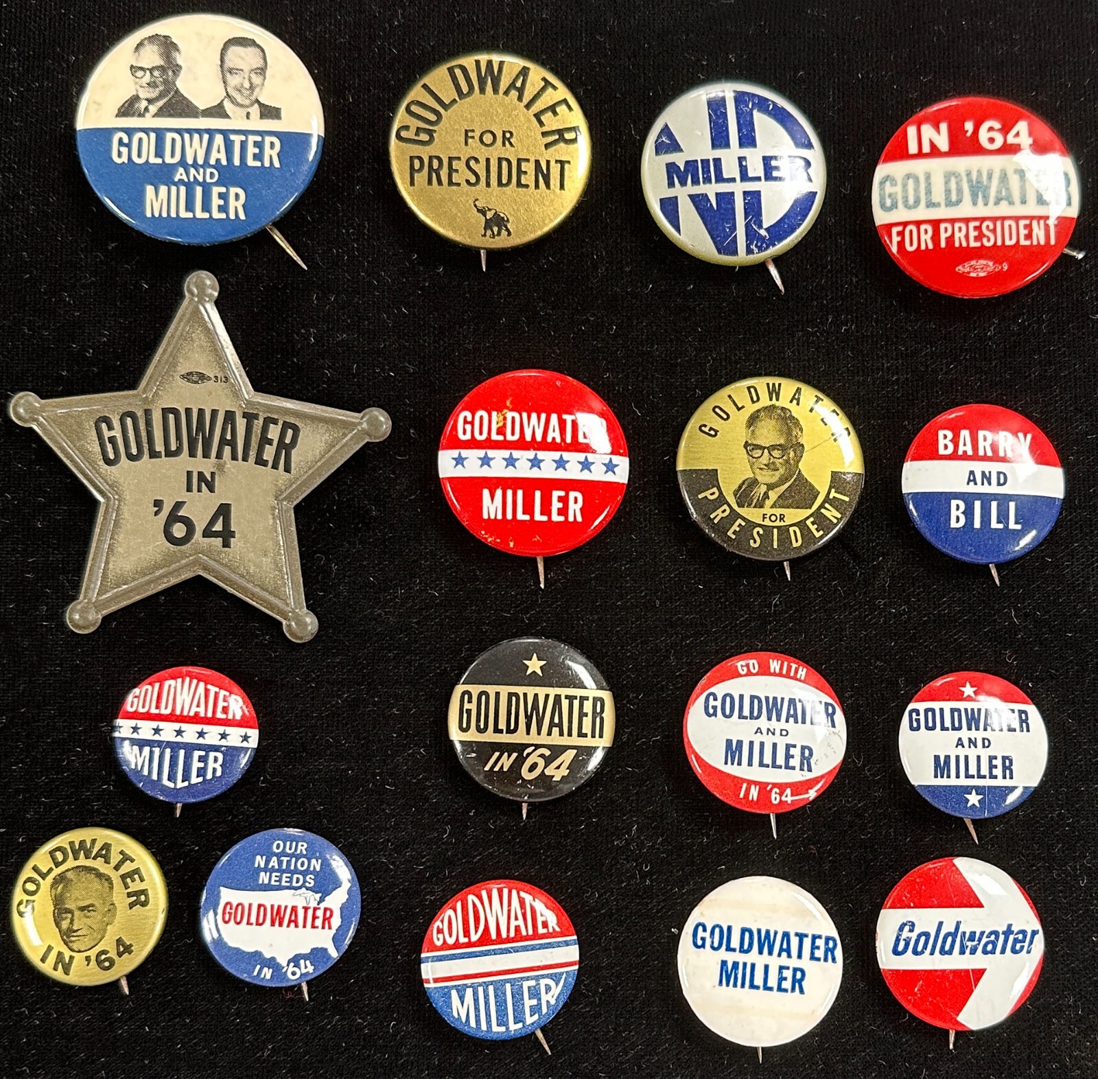 Vintage Goldwater and Miller Presidential Campaign Buttons – Group of 17