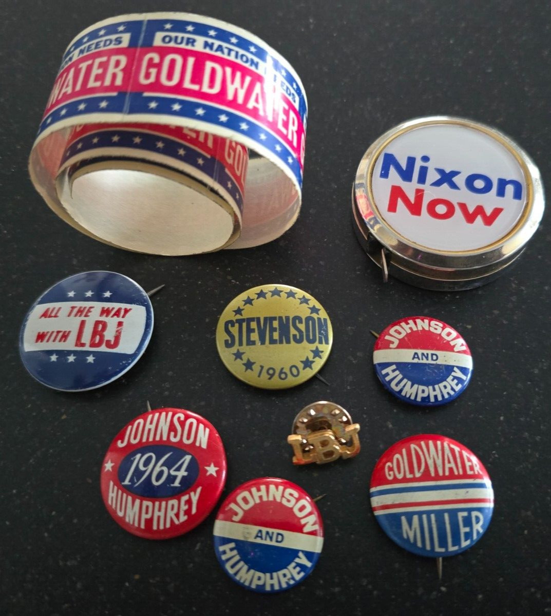 Vintage Lot of Presidential Campaign Buttons, Stickers, Tape Measure