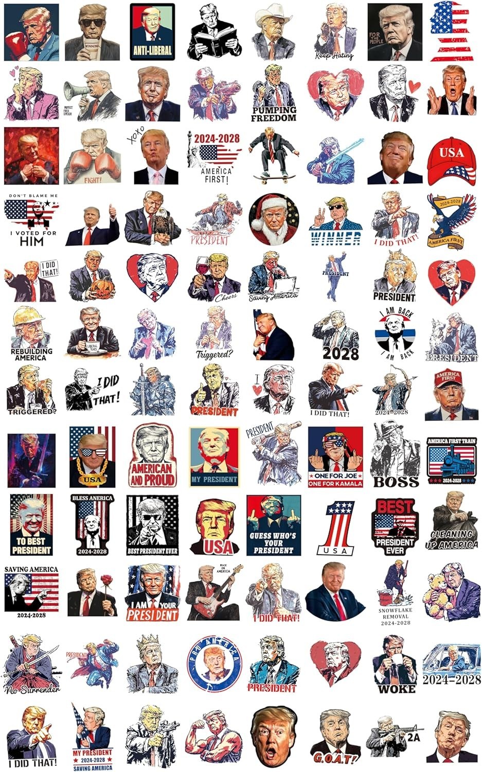 High-Quality Cartoon Trump Stickers – 100-Pack for Cars, Bottles, and Devices