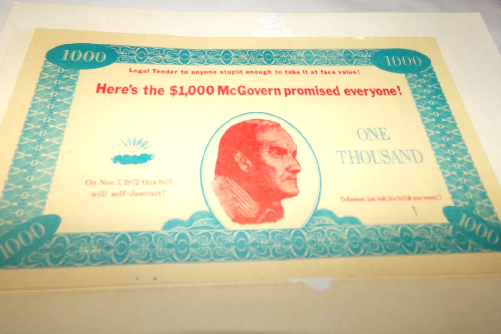 Vintage George McGovern Tom Eagleton Campaign King Kong Card & Funny Money 1972