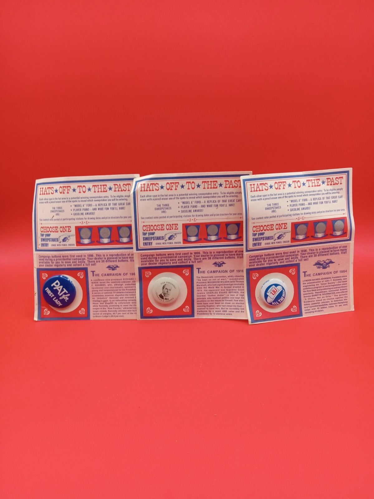 Lot of 3 button pins and cards for a 1972 Amoco Hats Off to the Past sweepstakes
