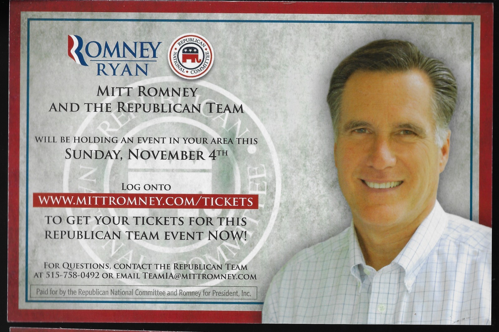 11/4/2012 Mitt Romney Ryan Presidential Campaign Postcard for a Speech Event