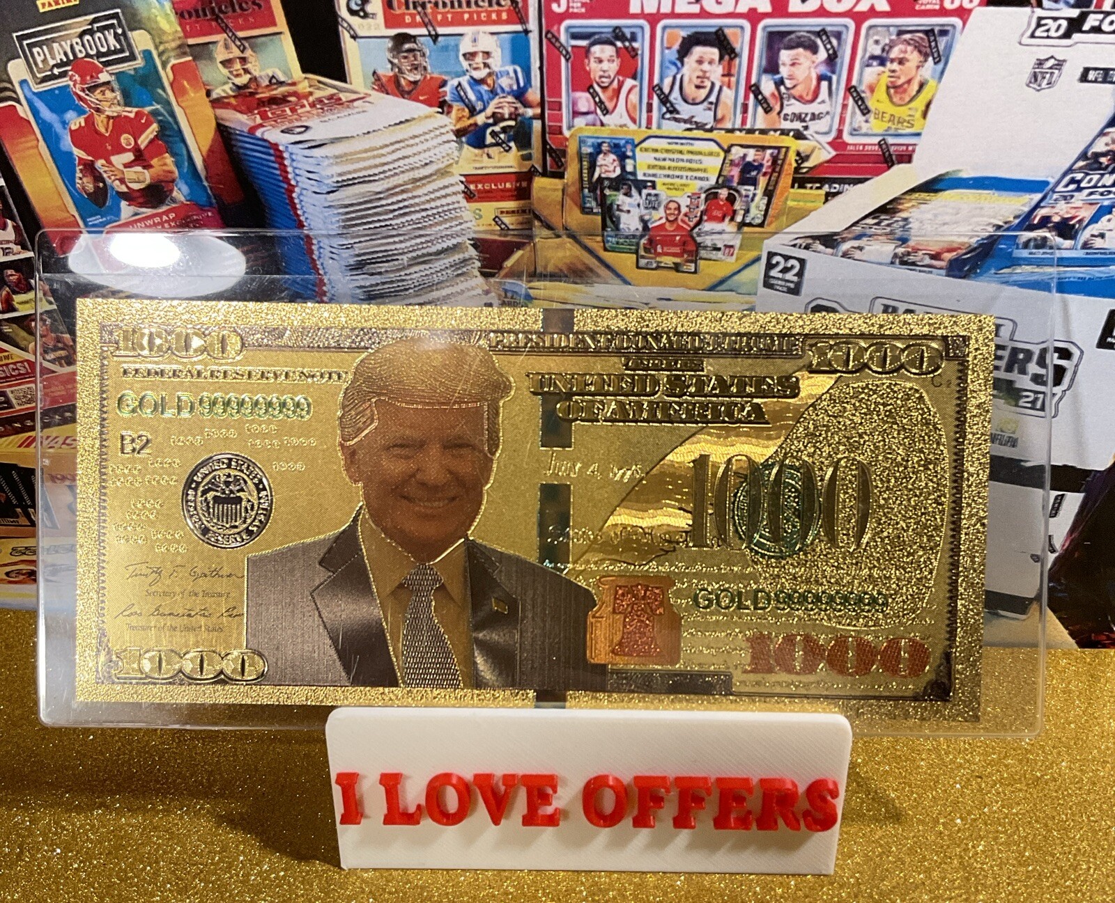 (1) PRESIDENT DONALD TRUMP GOLD TONE $1000 DOLLAR BILL FUNNY MONEY W HOLDER CSTR