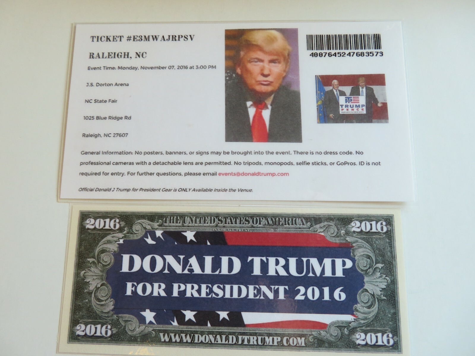 DONALD TRUMP, 11-07-2016, Raleigh NC,J.S. Dorton Arena. RALLY TICKET