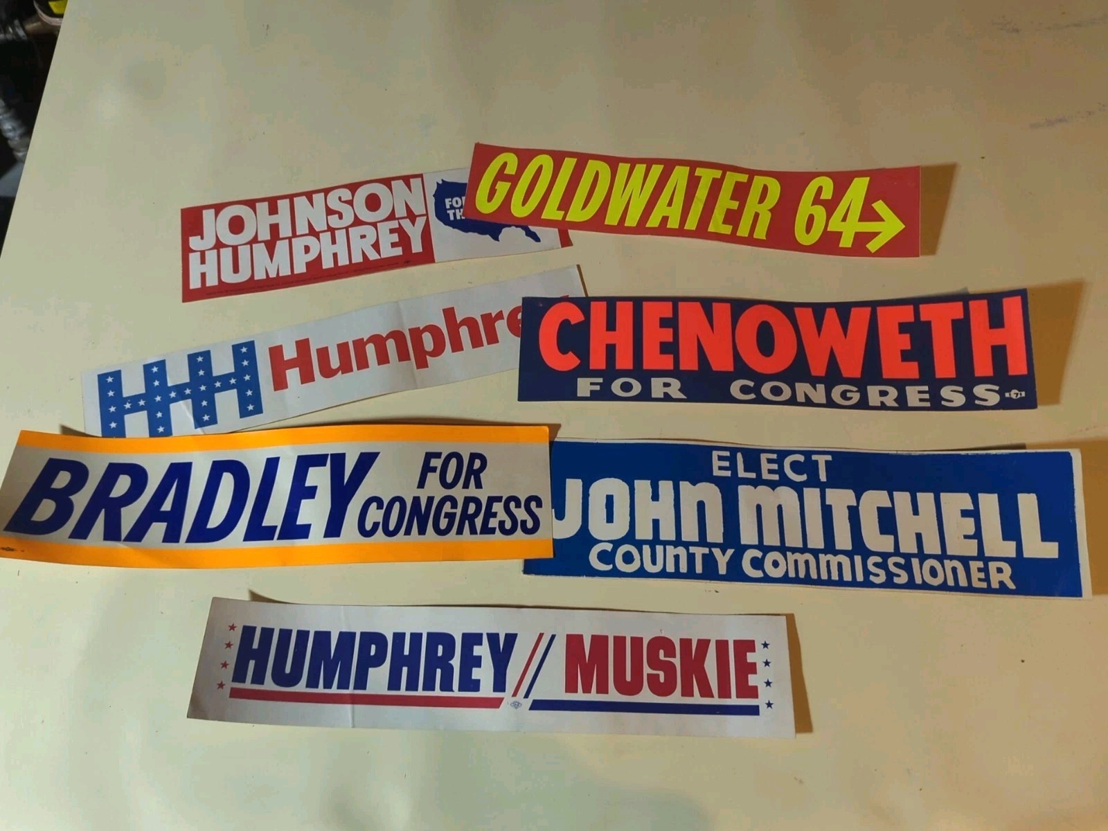 Vintage 1960s Political Bumper Sticker Lot Johnson Goldwater Humphrey Muskie