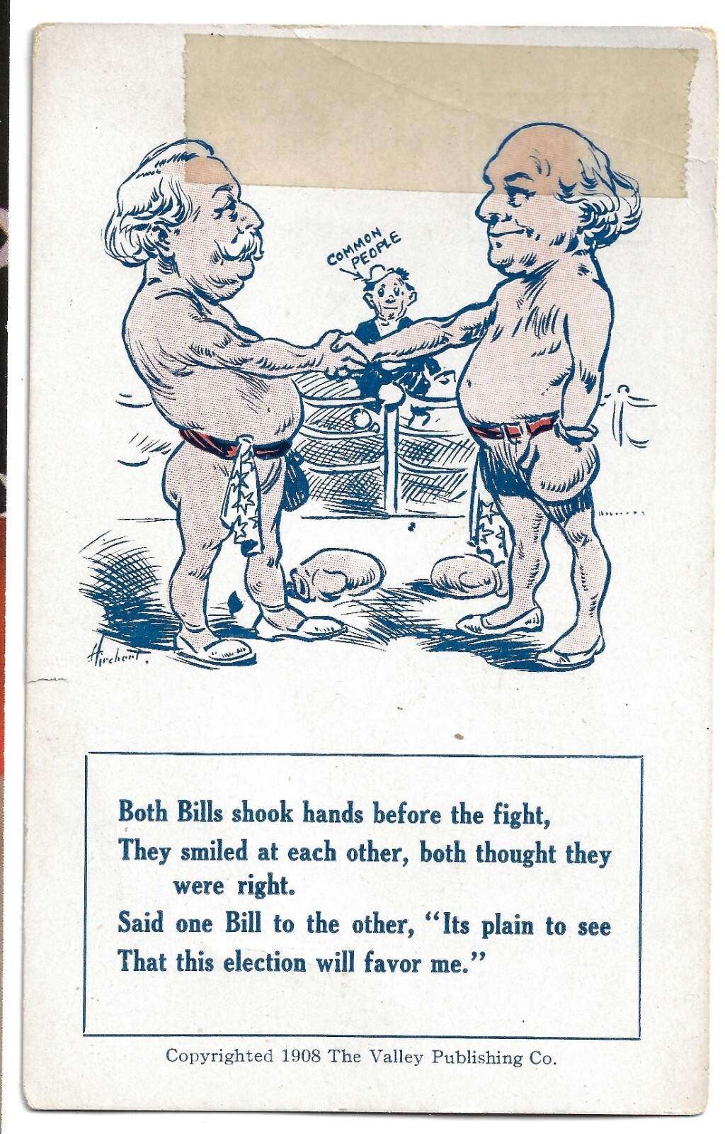 1908 Wm Taft & Bryan Boxing Ring Cartoon Postcard Part of Valley Publsg Set Poem