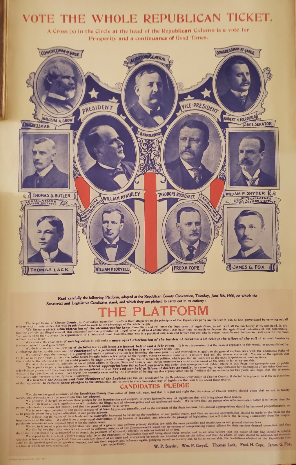 VINTAGE 1967 POLITICAL POSTER~1900 Ticket William McKinley Teddy Roosevelt 20×29