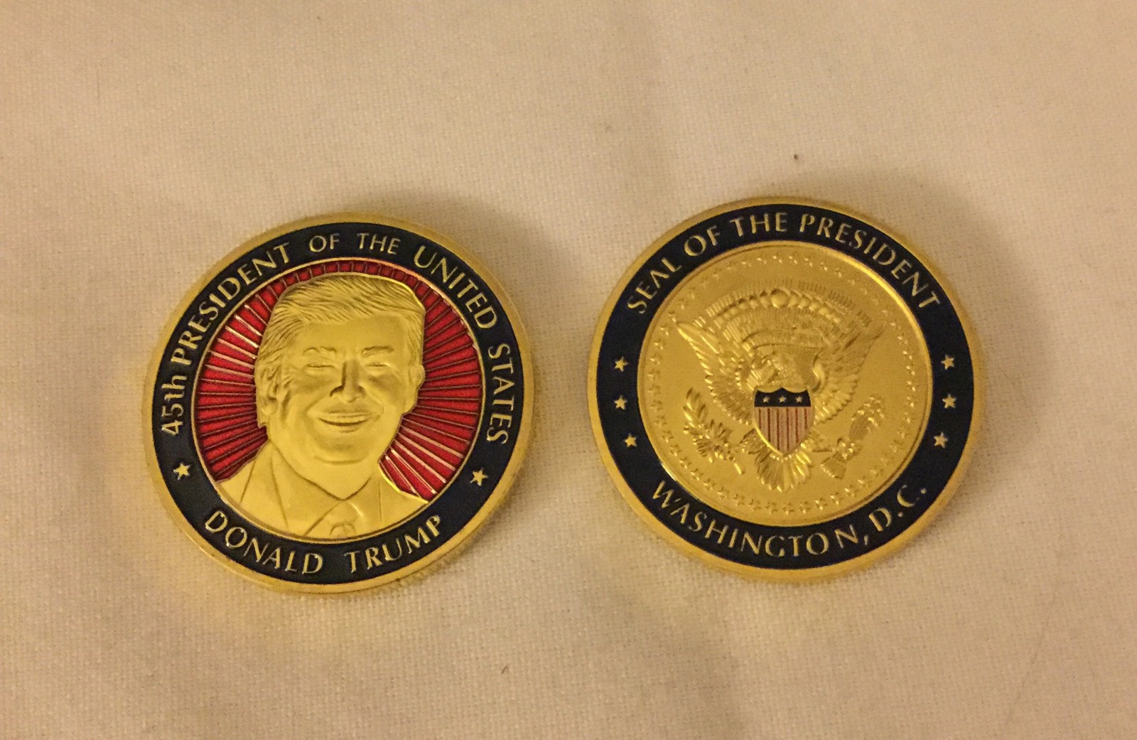 TRUMP CHALLENGE COIN in WOOD BOX PRES GOLD ENAMEL RED REPUBLICAN GOP EAGLE MAGA