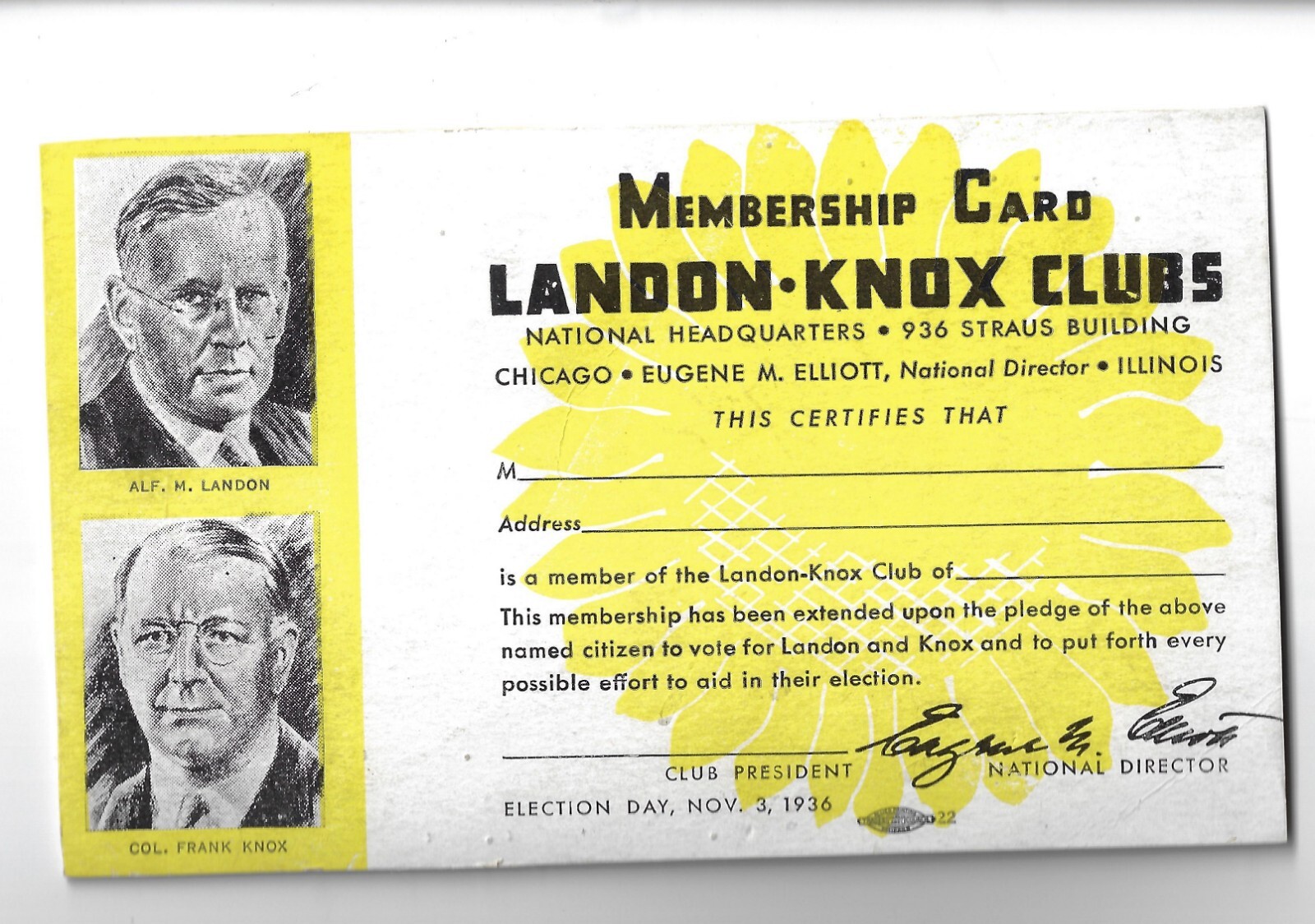 1936 Illinois HQ Alf Landon Frank Knox Jugate Club Prez Campaign Membership Card