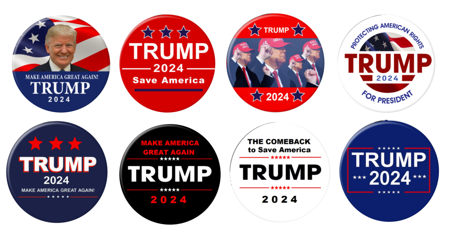 BULK/WHOLESALE Trump 2024 pins (Lot of 25) – 8-pack Trump 2024 Campaign Buttons
