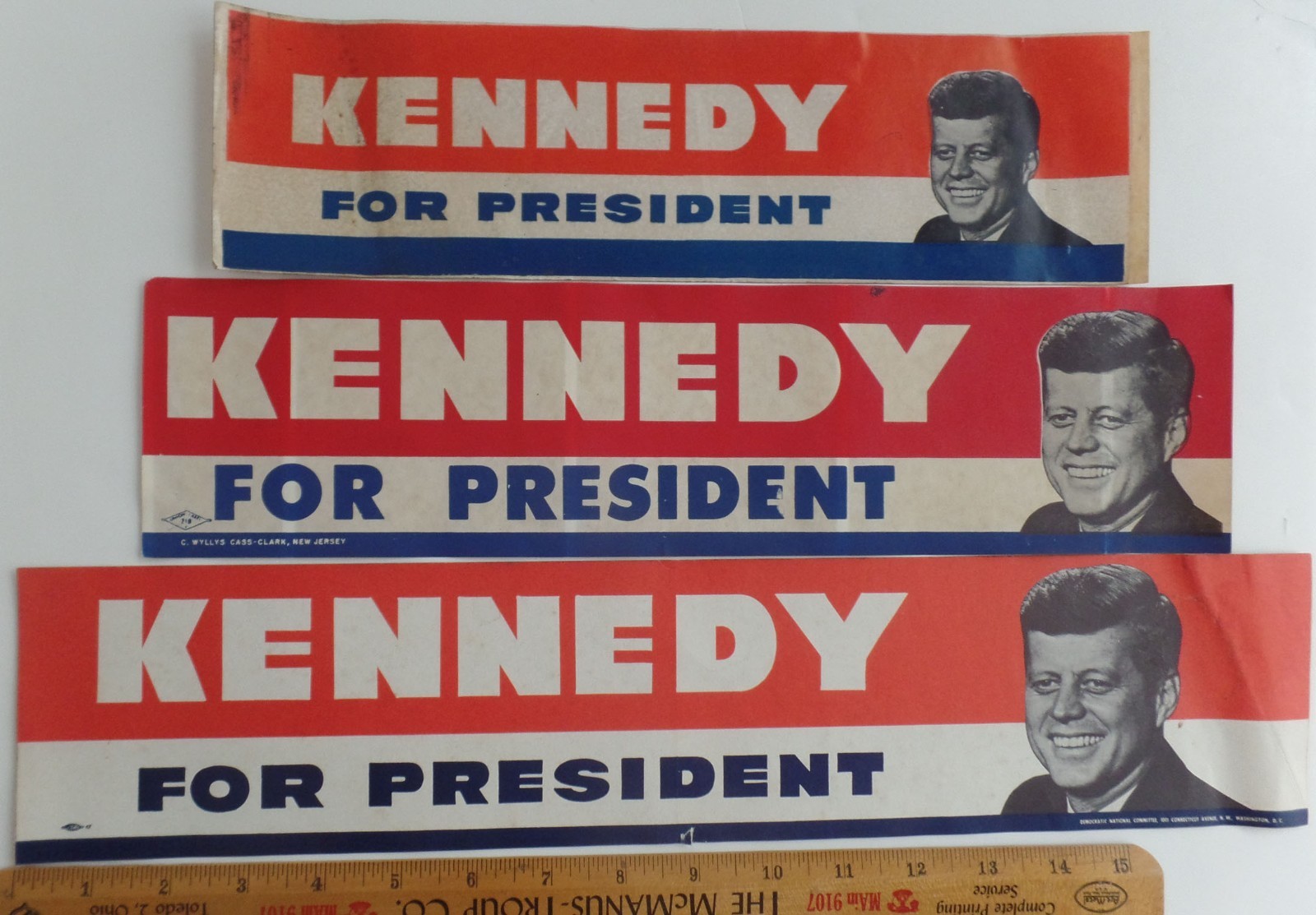 3-Diff 1960 John Kennedy Prez Campaign Photo Bumper Stickers DC HQ & New Jersey