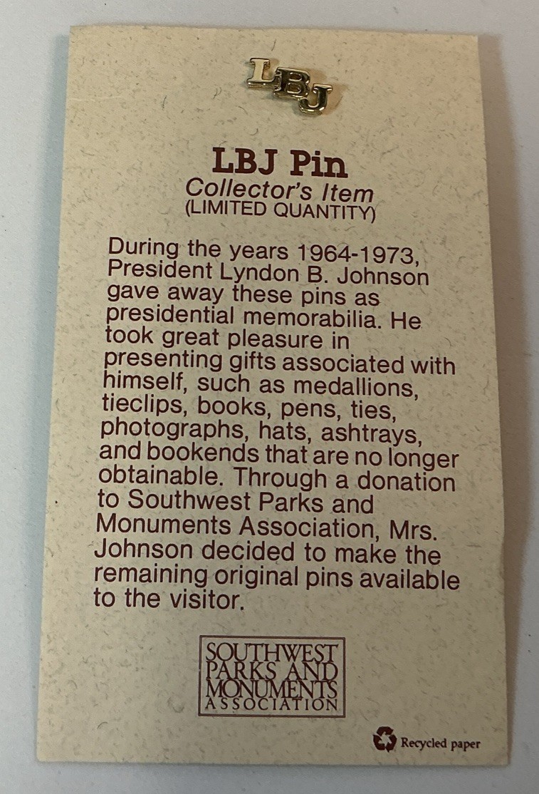 LBJ Lapel Pin Gold Tone Initials Democrat Lyndon B. Johnson 1964-1973 on Card