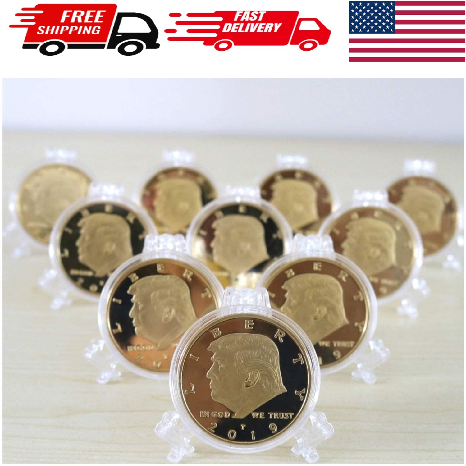 Collectible Gold Plated Trump Coins – 10 Pack, 38.1 mm Diameter, Gift-Ready 2019