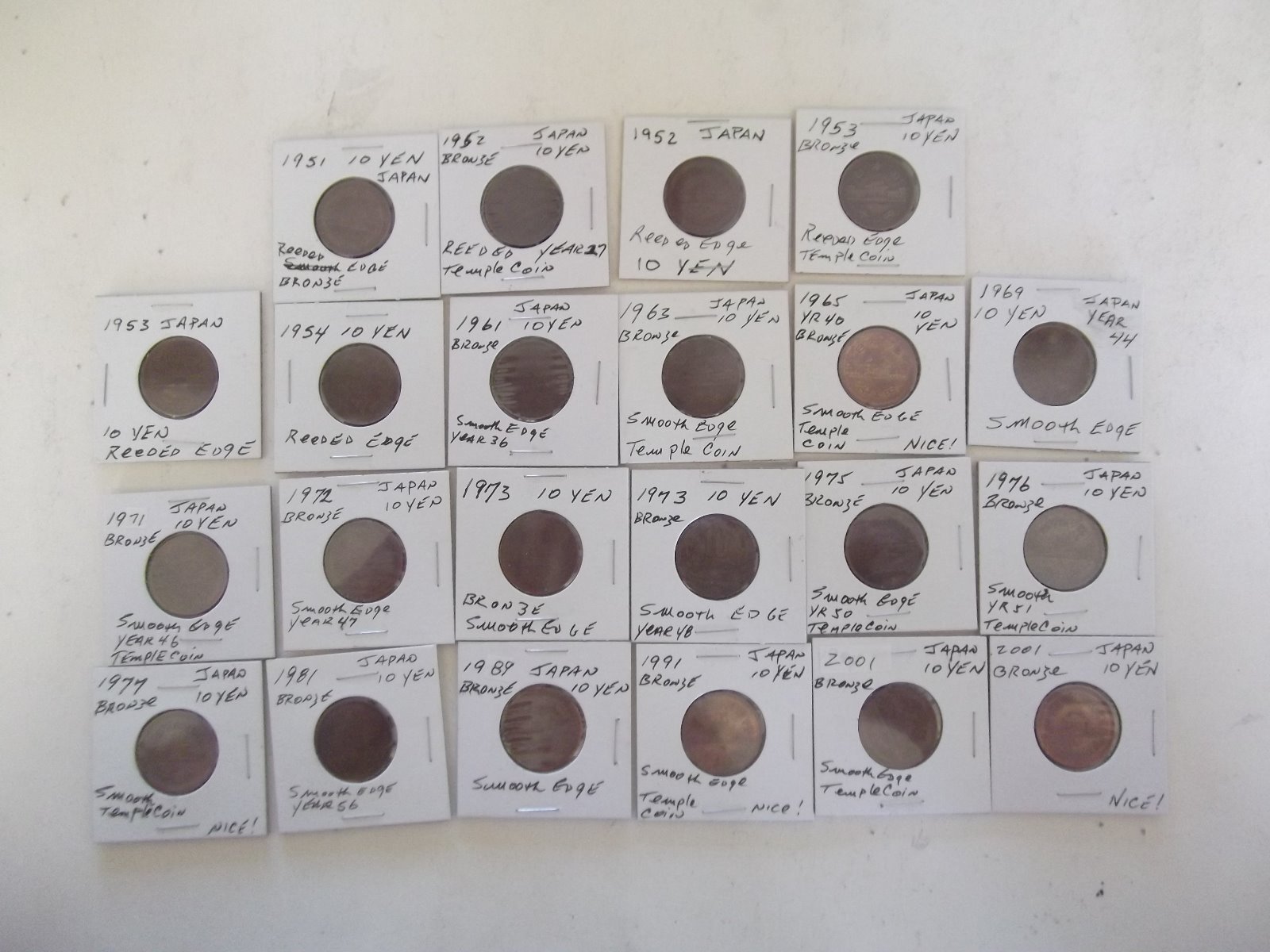 LOT OF 22 Japan Japanese 10 Yen Temple Coins-SMOOTH and Reeded Edges