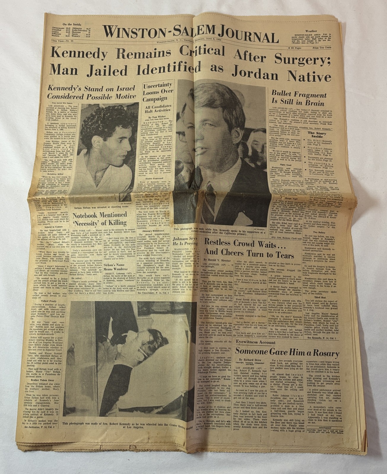 Winston-Salem Journal newspaper June 6, 1968 ~ ROBERT KENNEDY REMAINS CRITICAL