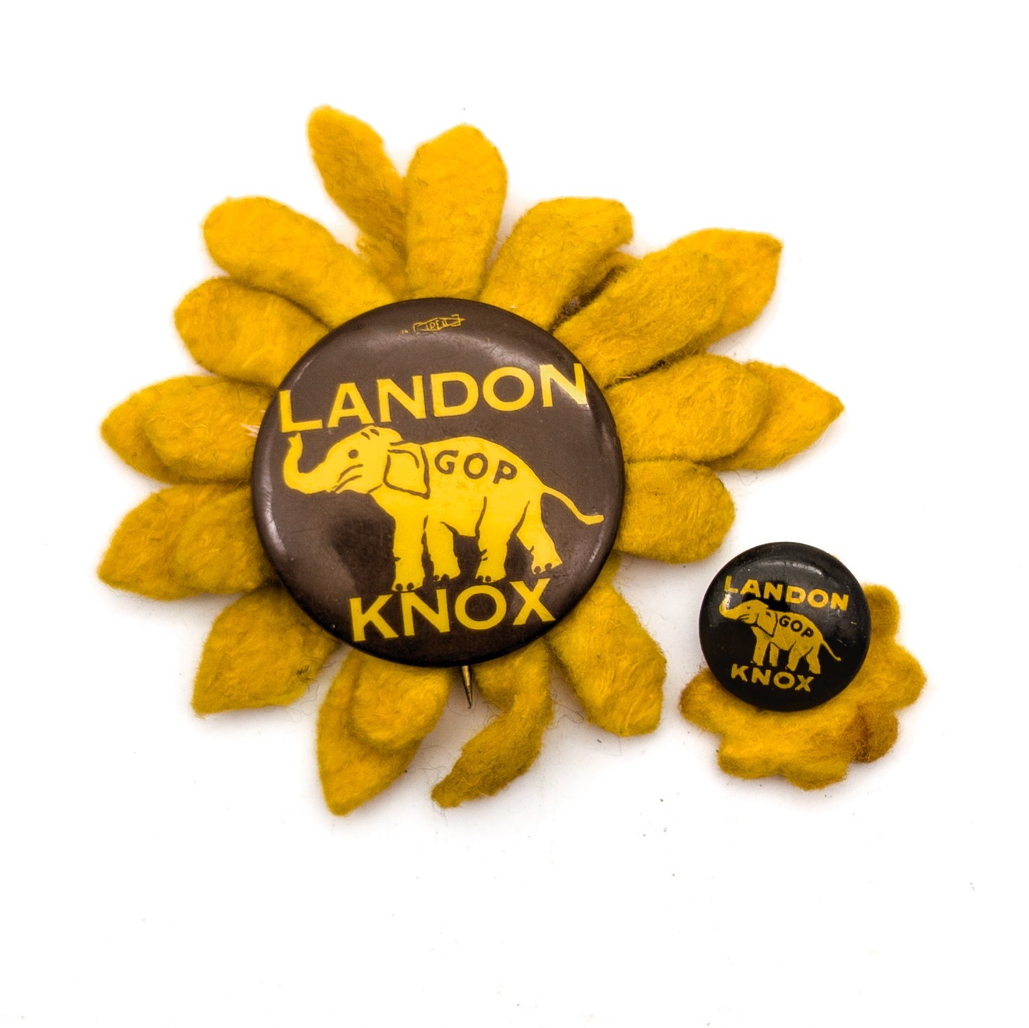 Vtg 1936 Landon Knox GOP Felt Flower Political Pin Badge Pinback Pair Mini Full
