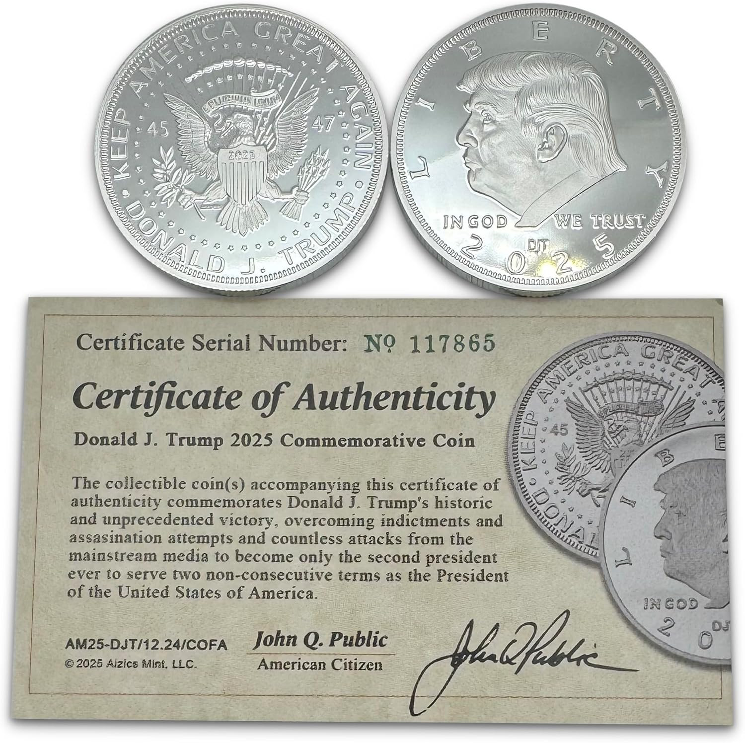 President Donald J. Trump 2025 Silver American Eagle Challenge Coin with Certifi