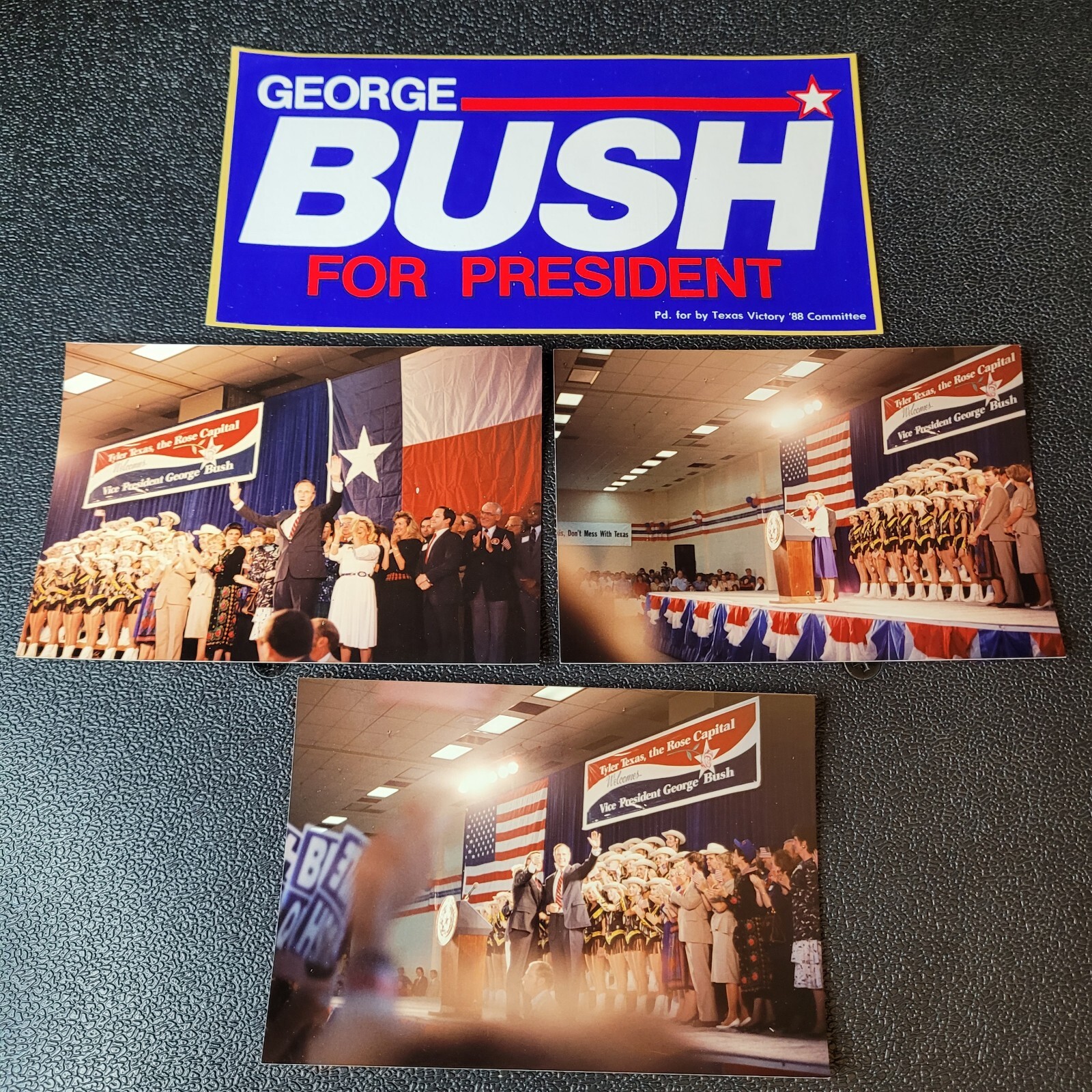 George Bush Dan Quayle 88 Bumper Sticker And 3 Photos From Campaign Stop Texas