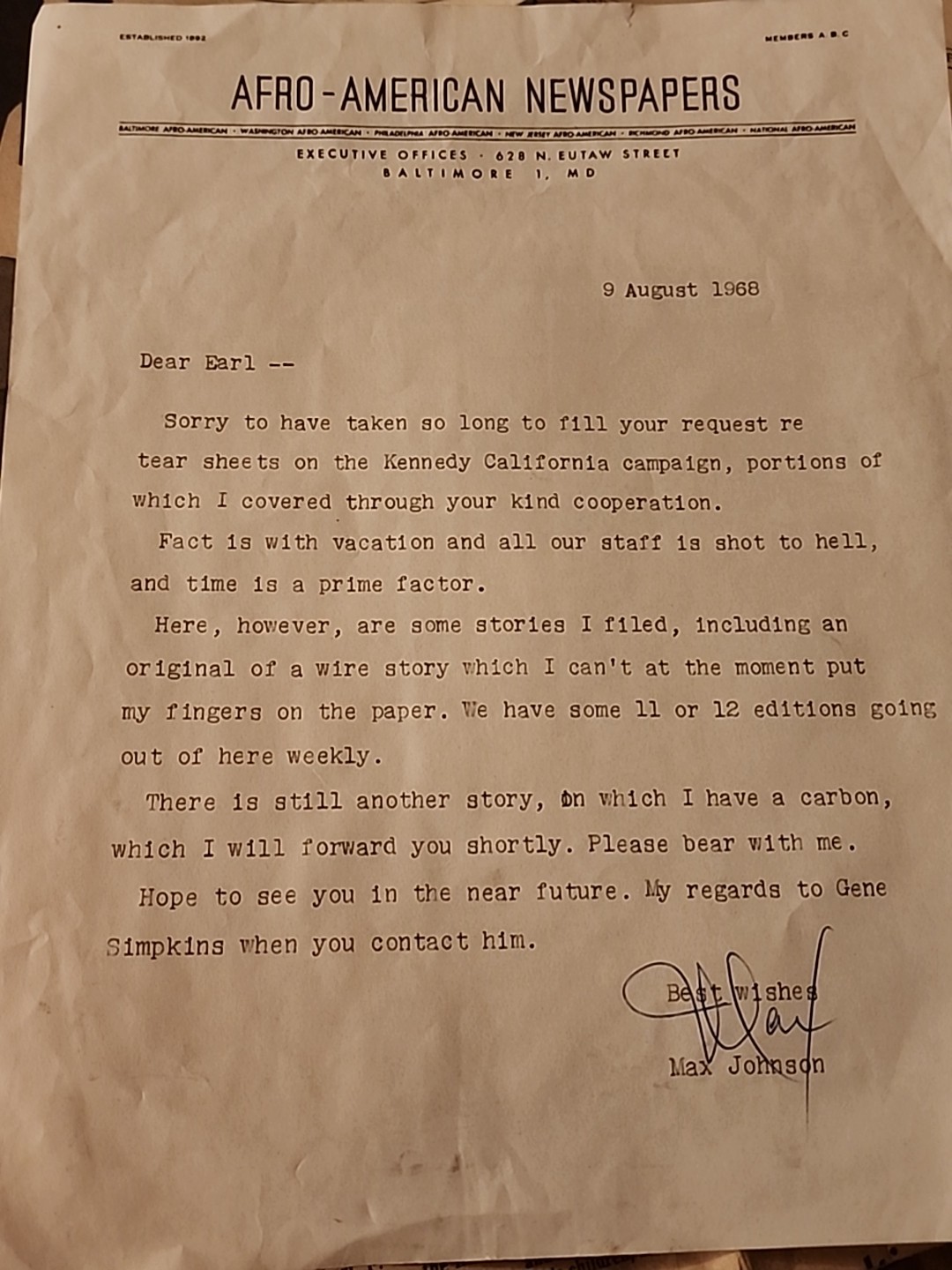 SIGNED Max Johnson Letter & AFRO AMERICAN BOBBY KENNEDY ASSASSINATION NEWSPAPERS