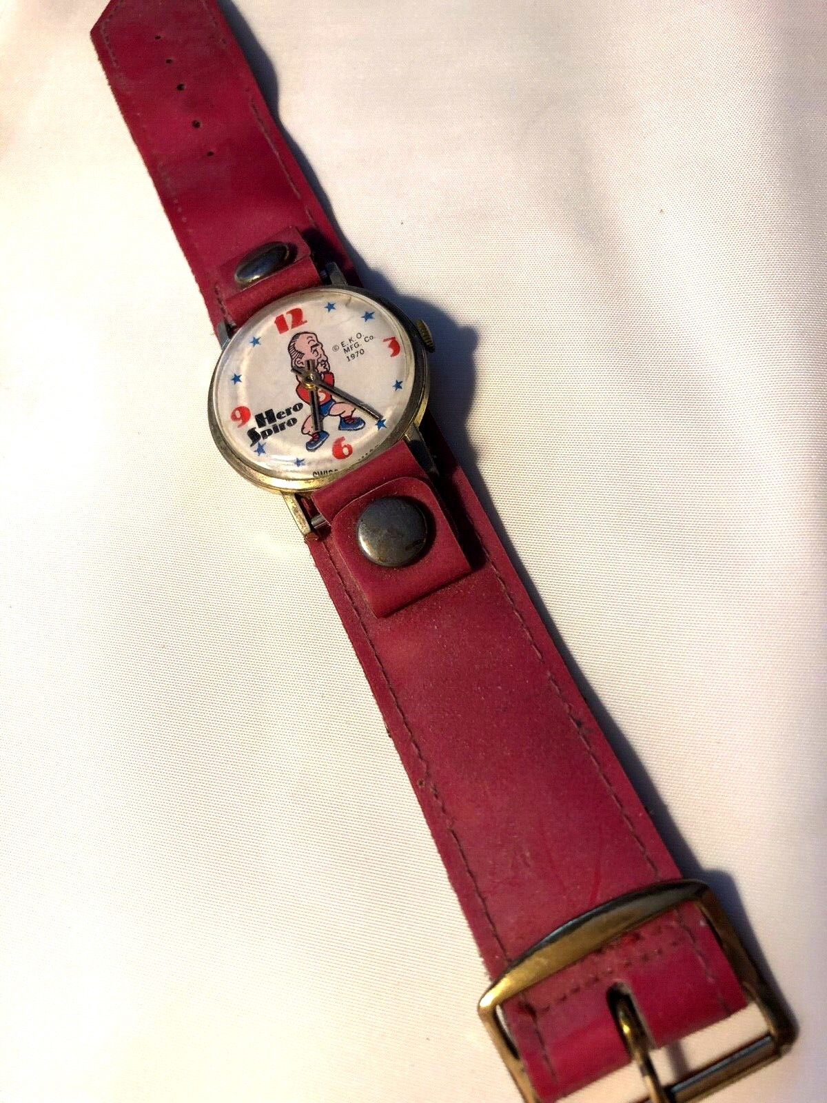 EKO MFG CO 1970 HERO SPIRO AGNEW WRIST WATCH SWISS MADE PATRIOTIC WIND UP