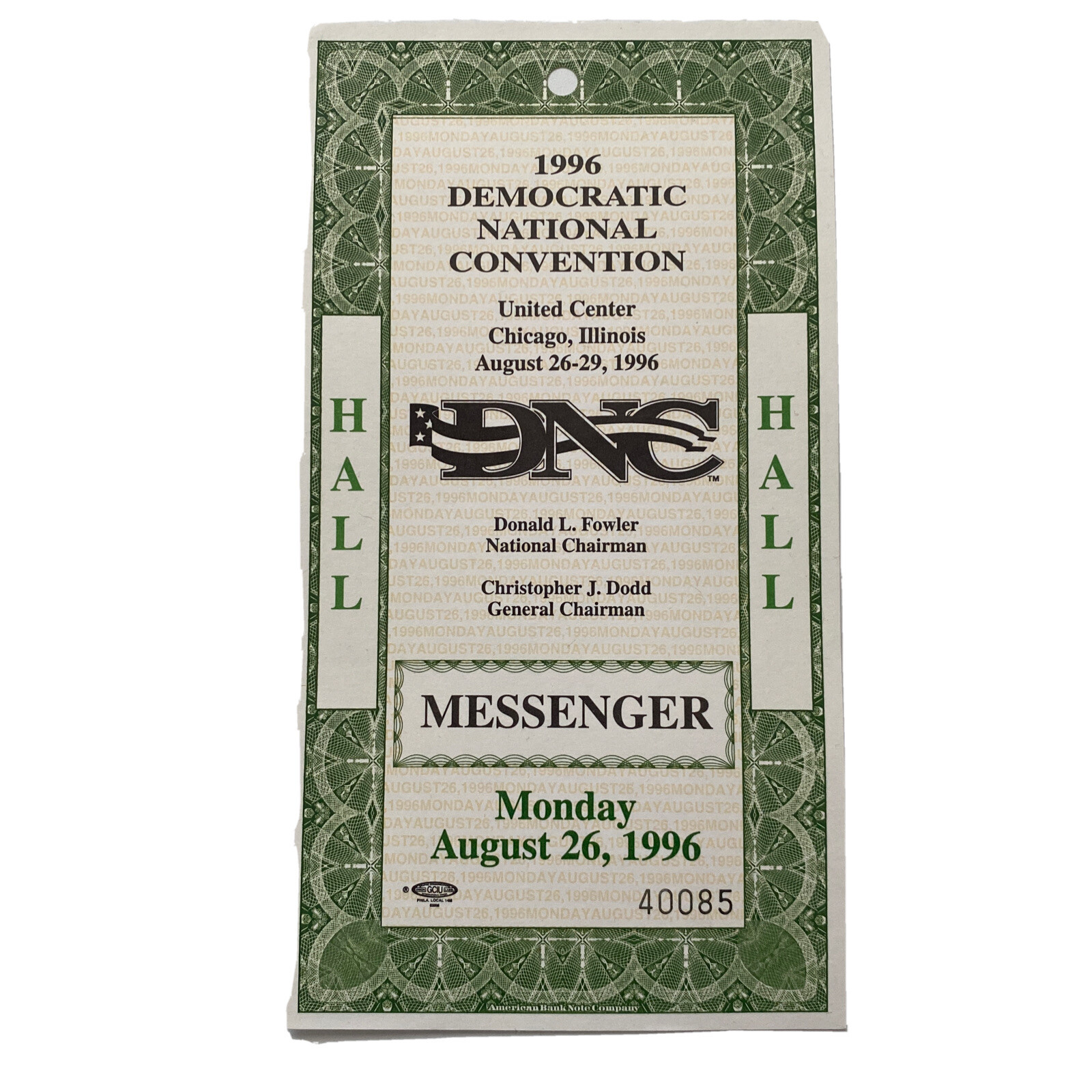 1996 Democratic National Convention Messenger Credential President Bill Clinton
