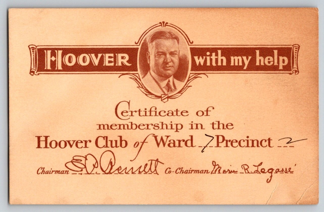 1920s Herbert R Hoover Club Campaign Card Ward 7 Precinct 2