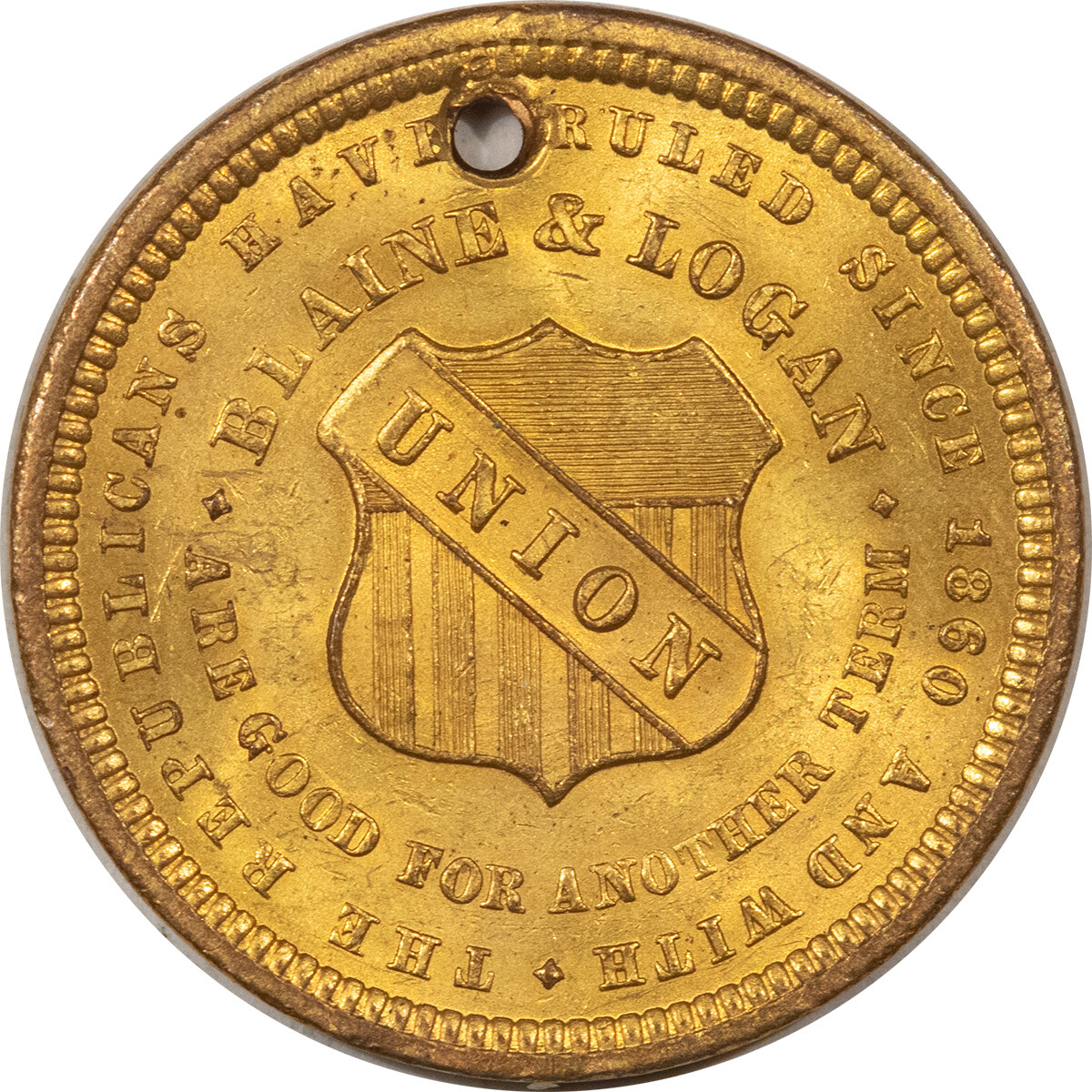 1884 JAMES BLAINE – LOGAN REPUBLICAN PRESIDENTIAL CAMPAIGN TOKEN FLASHY GEM UNC