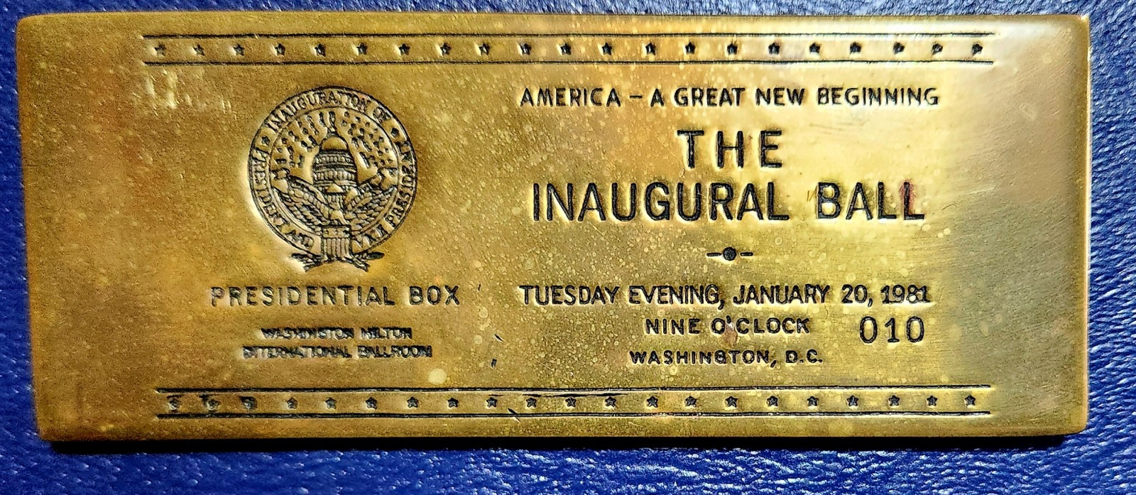 Ronald Reagan 1981-The Inaugural Ball Presidential Box- Bronze Plaque