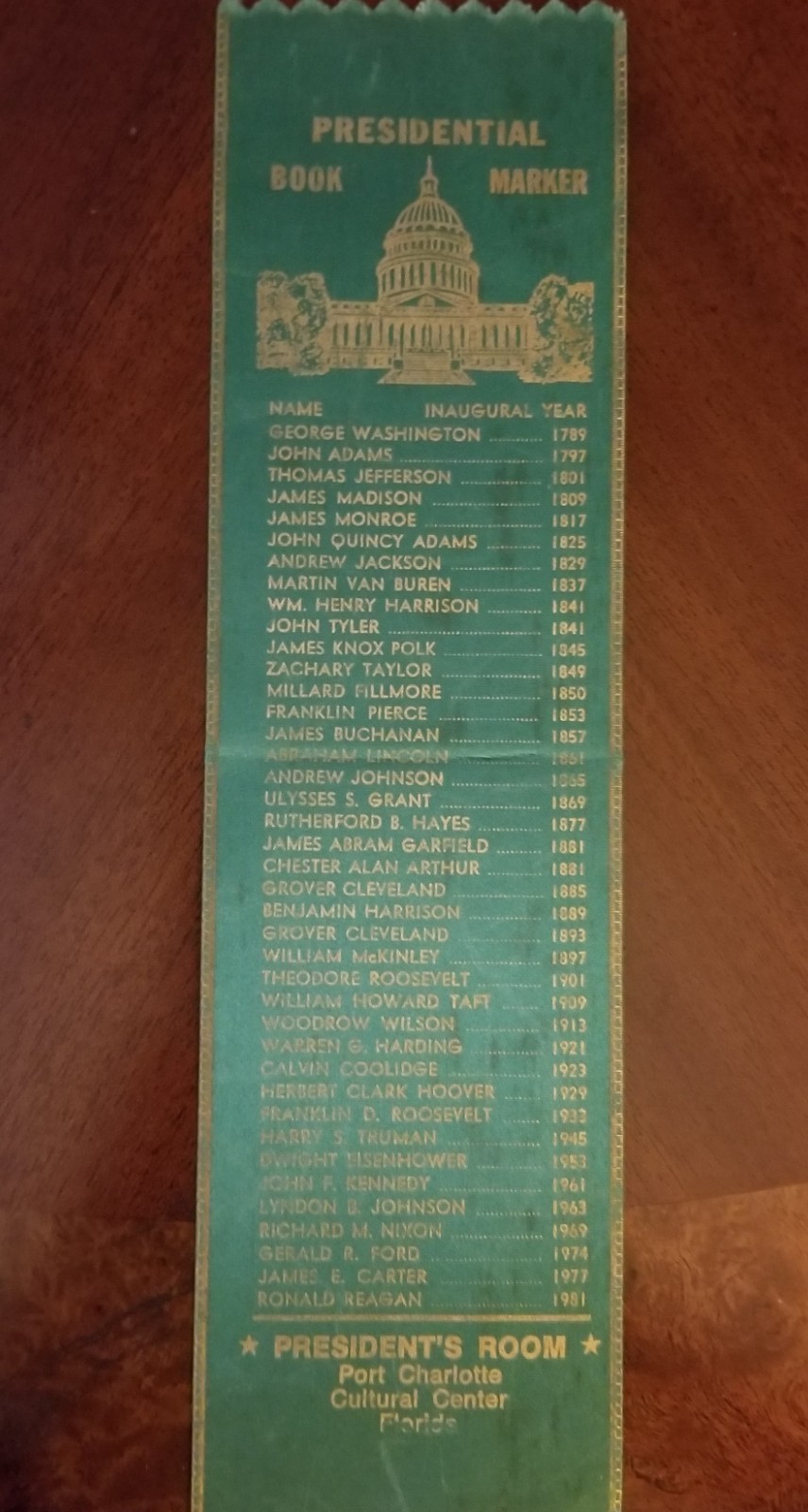 GREEN VTG SATIN PRESIDENTIAL BOOK MARKER PATRIOTIC THRU REAGAN ’81