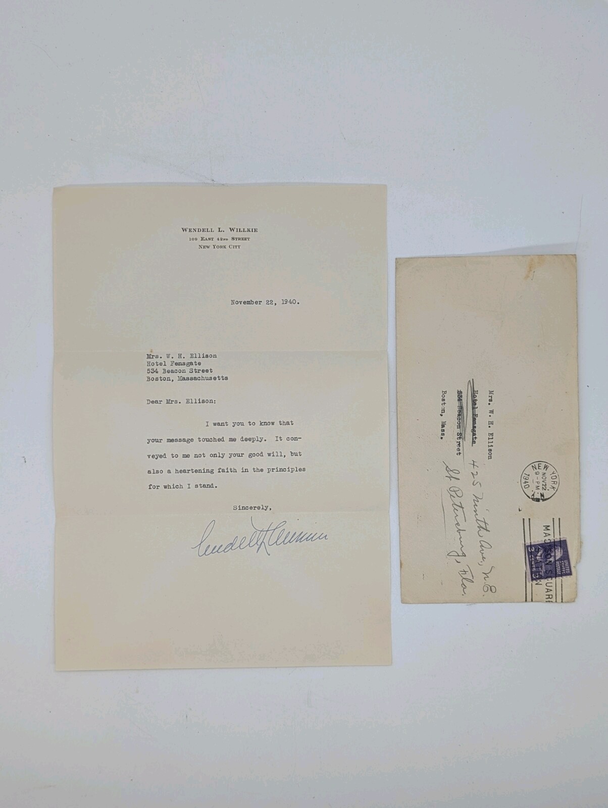Wendell Willkie Signed Letter November 22, 1940 Ran Against Roosevelt