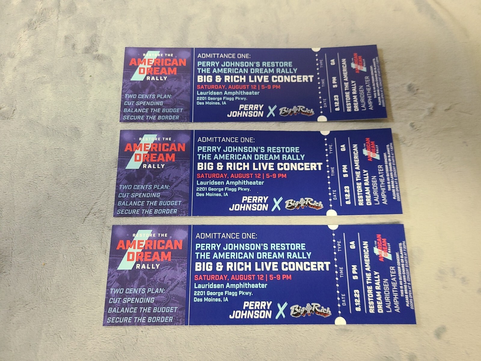 Perry Johnson American Dream Rally Tickets 8-12-2024 Big & Rich Lot Of 3