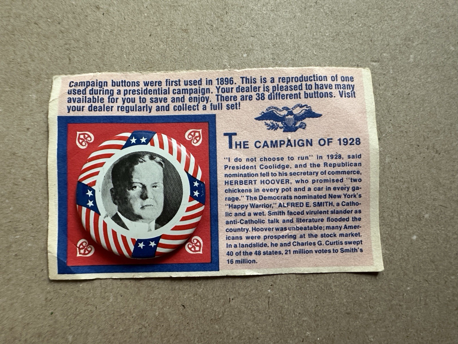 Herbert Hoover 1928 Presidential Campaign Button 1972 Reproduction
