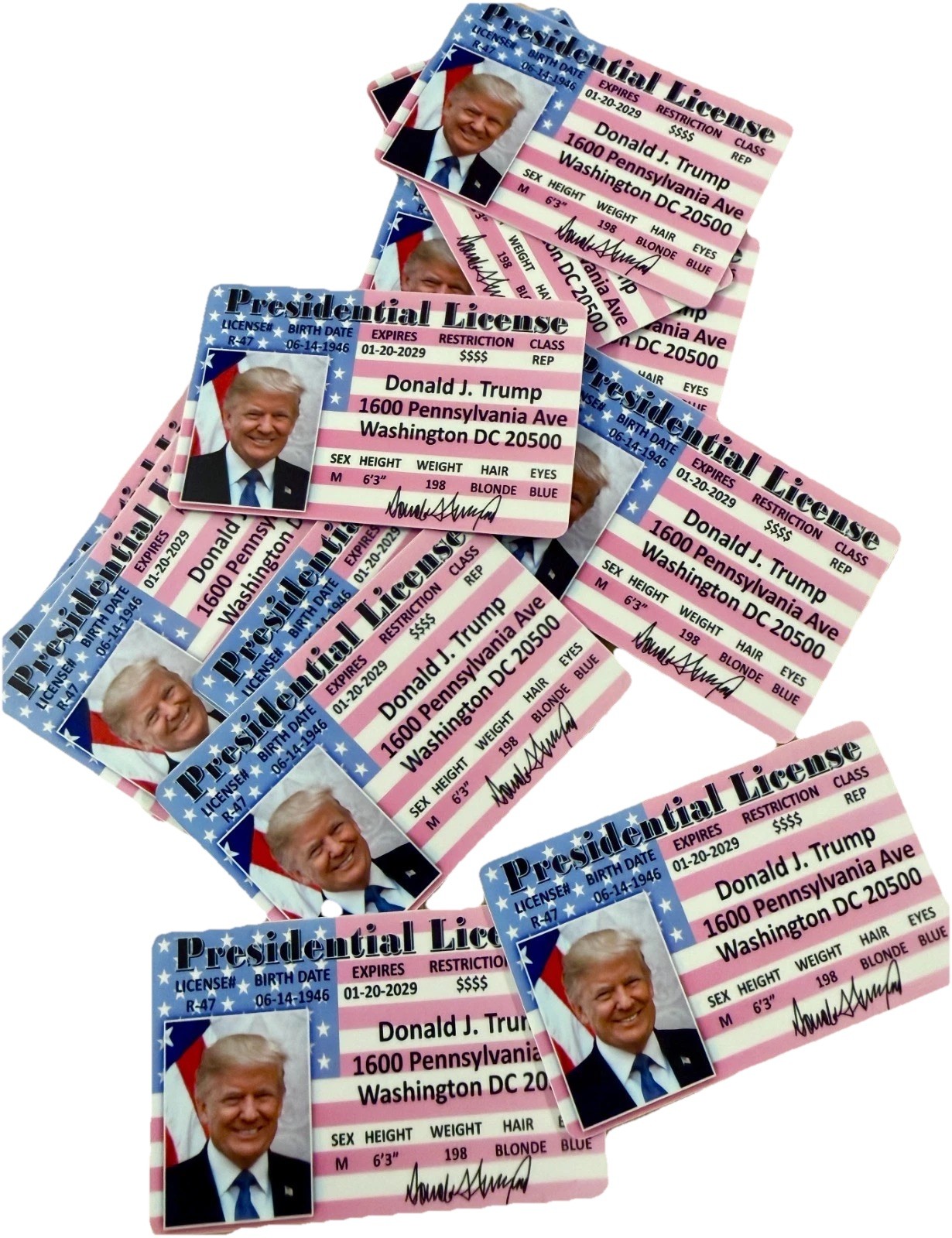Donald Trump LOT of 15 PRESIDENTIAL LICENSE CARD ID Card Plastic Fun MAGA Gift