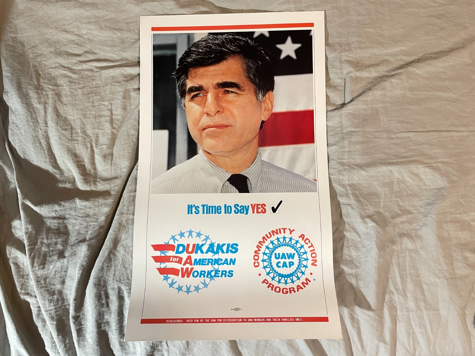 Vintage 1988 Michael Dukakis UAW Campaign Poster 12″ x 19″ United Auto Workers