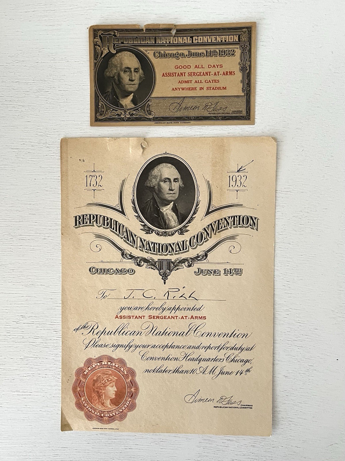 1932 GOP Convention Chicago Depression Era Certificate & Badge American Bank