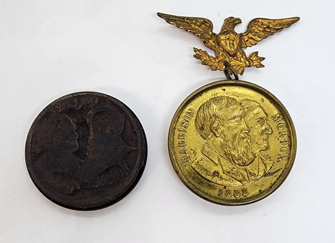 1888 Harrison & Morton Presidential Campaign Badge With Jugate Ink Stamp
