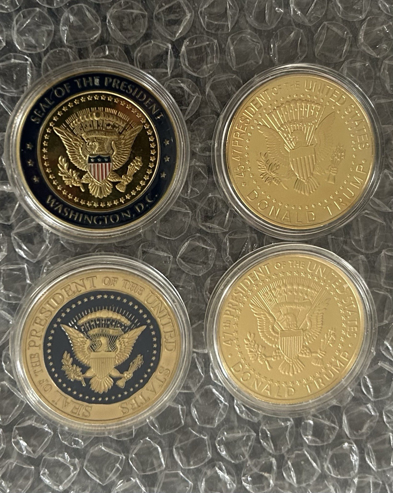 4 TRUMP CHALLENGE COIN GOLD ENAMEL PRESIDENT EAGLE SEAL WOOD BOX REPUBLICAN MAGA