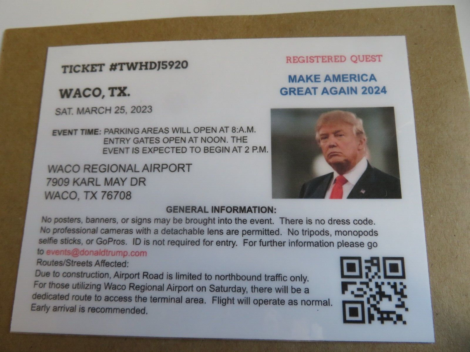 DONALD TRUMP, FIRST 2024 RALLY, WACO TX. SAT. 3.25,2023, REGISTERED QUEST TICKET