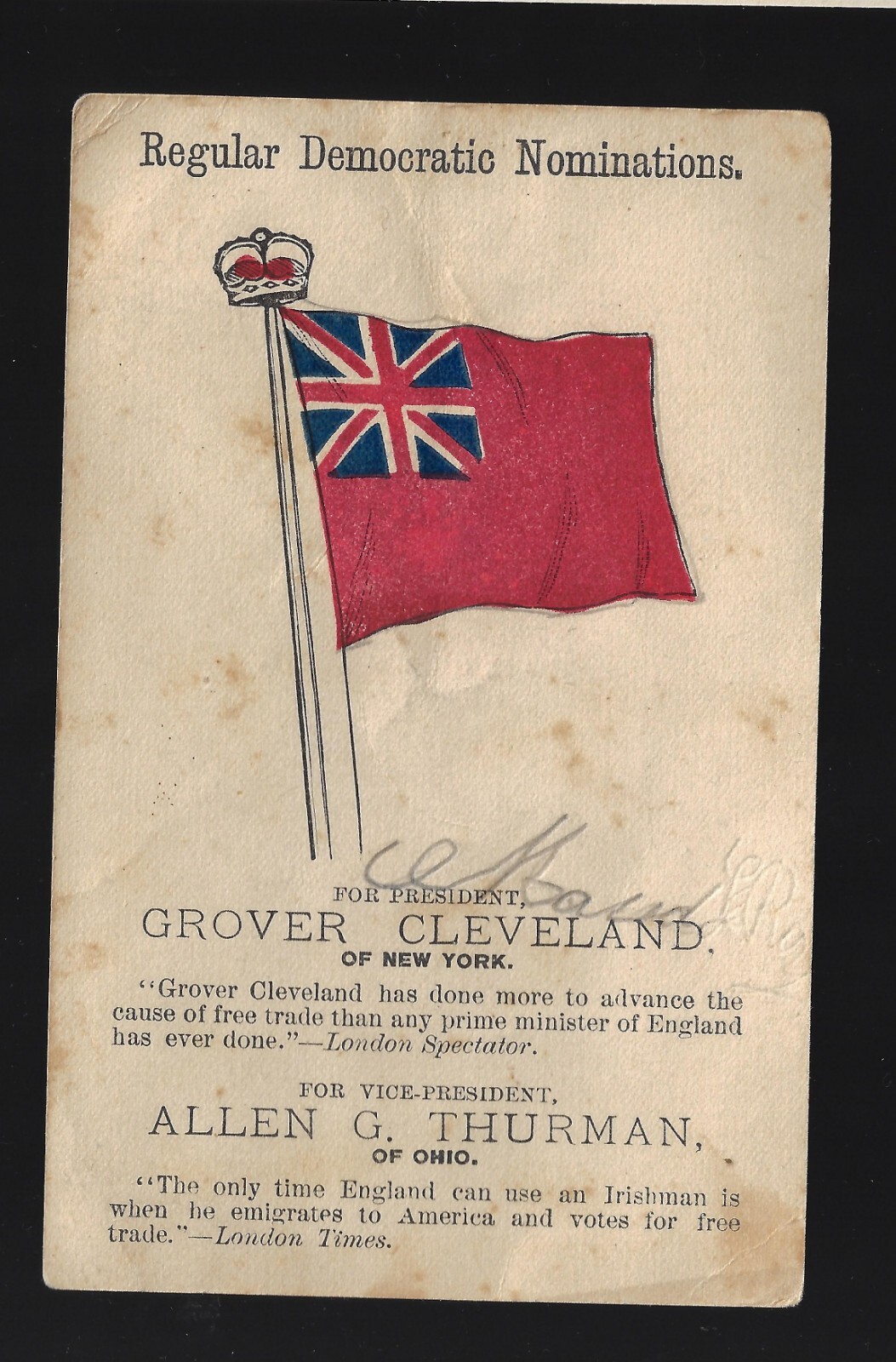 1888 Presidential Campaign Card for Cleveland & Thurman British Trade Inspired