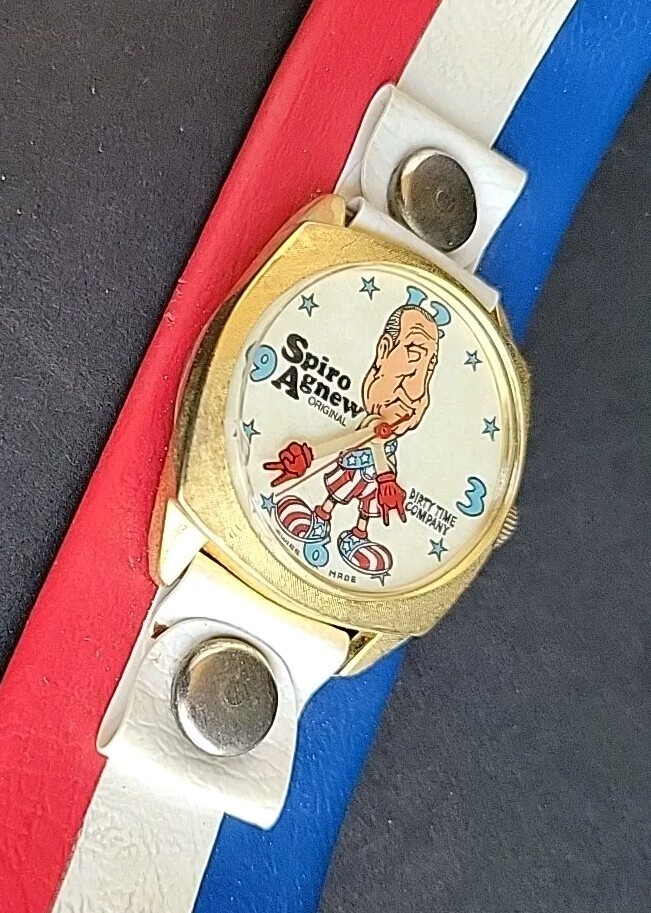 Vtg Spiro Agnew Watch “Dirty Time Company” Swiss Made w/ Original Tube *PLS READ