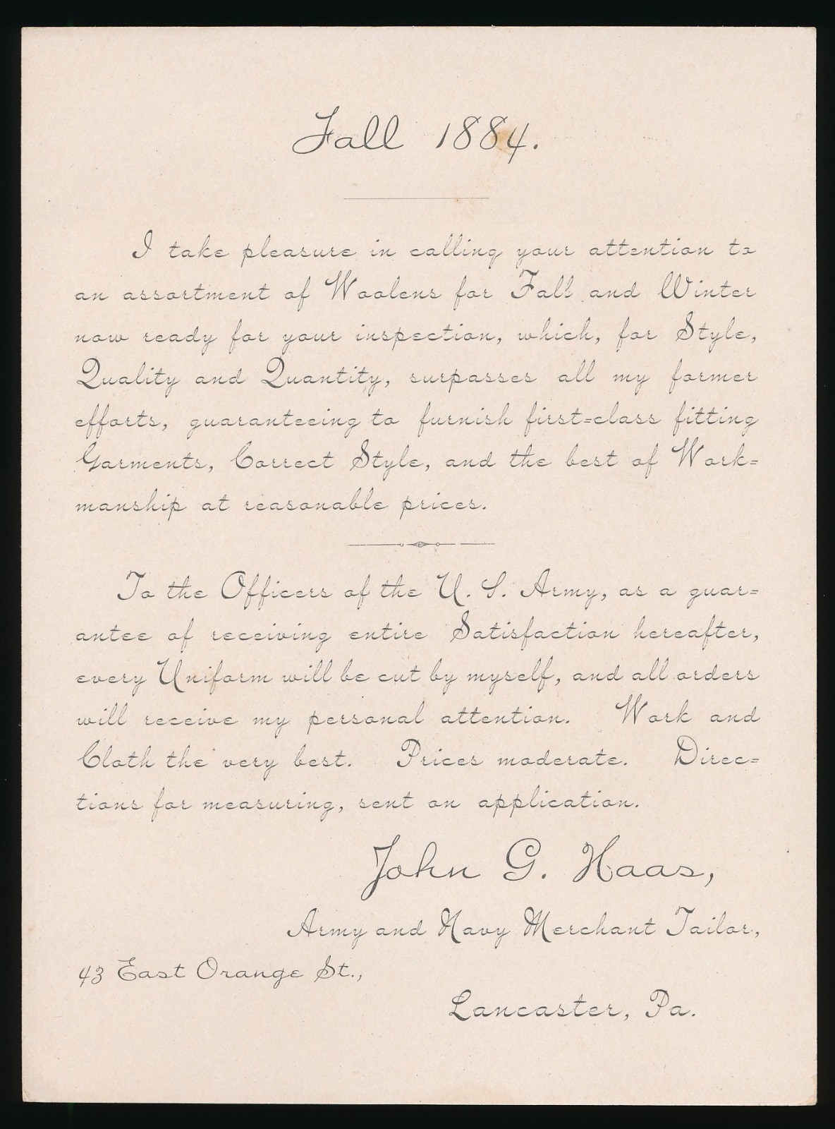 1884 Election James Blaine Large Trade Card John Haas Army/Navy Merchant Tailor