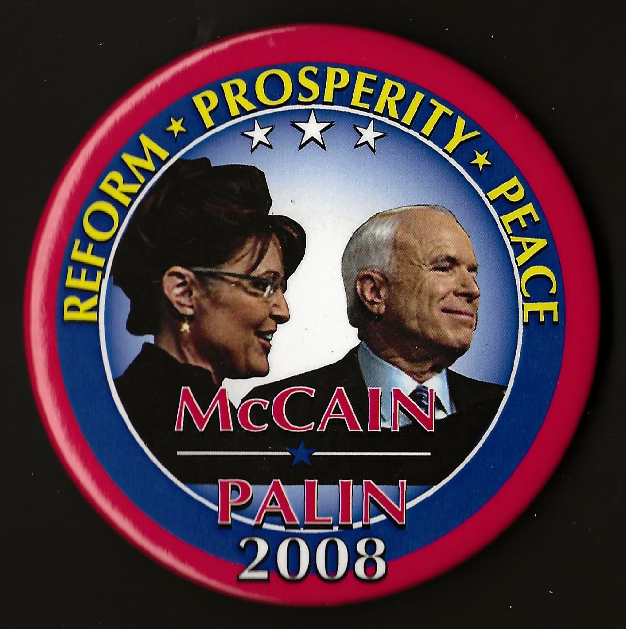 2008 John McCain & Sarah Palin 3″ / “Reform – Peace” Campaign Button(Pin05)