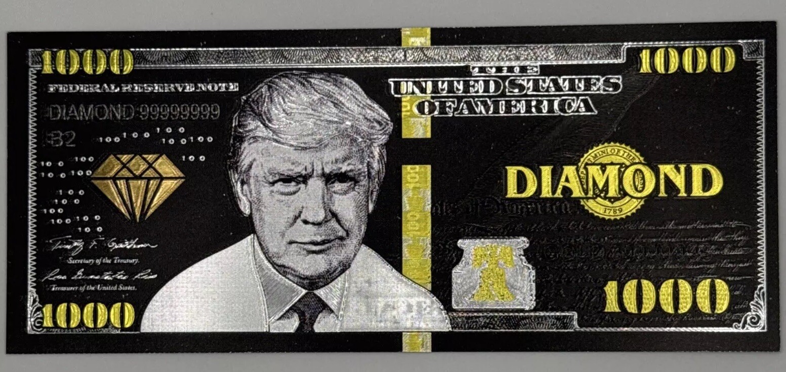 $1000 Dollar Black Gold Foil Banknote President Donald Trump Diamond Bill