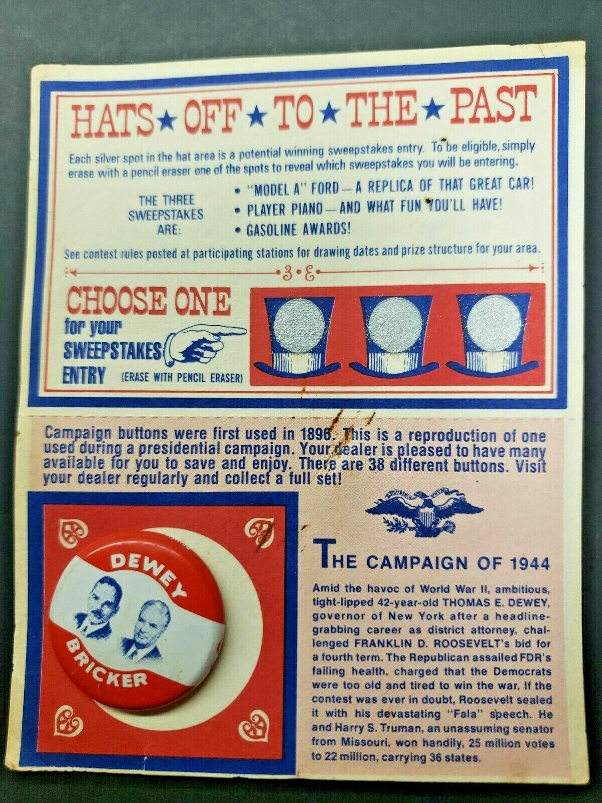 Reproduction American Oil 1944 Thomas E. Dewey & Bricker Campaign Pin Button 18