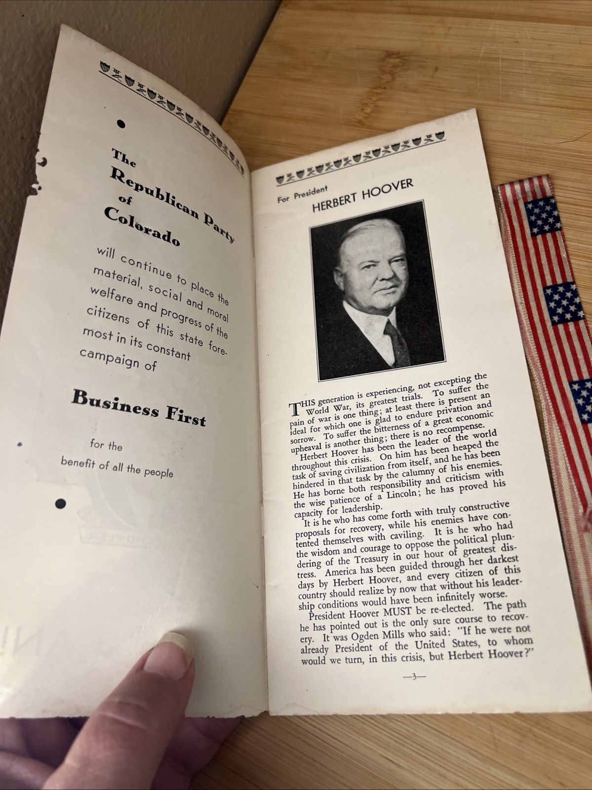 1932 COLORADO REPUBLICAN PARTY CAMPAIGN BROCHURE HERBERT HOOVER/ CURTIS/ RIBBON